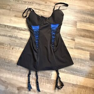 SEDUCTION Black/blue Corsets With Garter Clips Hook And Eye Sz S